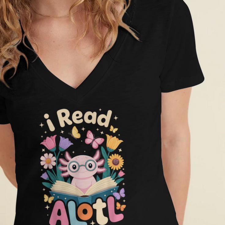 Reading Axolotl Book Lover Wildflowers Women's Jersey Short Sleeve Deep V-Neck Tshirt Reading Axolotl Book Lover Wildflowers Women's Jersey Short Sleeve Deep V-Neck Tshirt