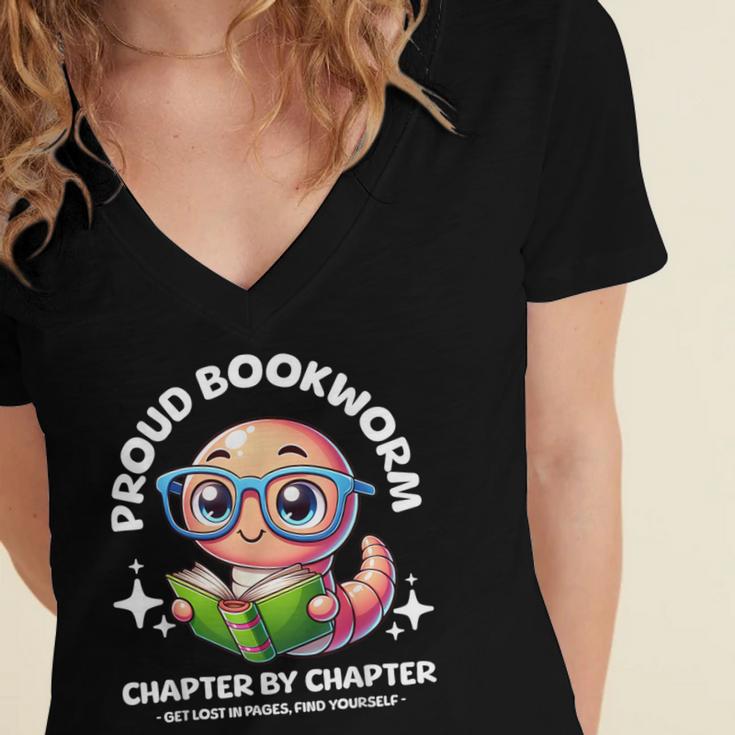 Reading Book Lovers Glasses Cartoon Worm Books Cute Bookworm Women's Jersey Short Sleeve Deep V-Neck Tshirt