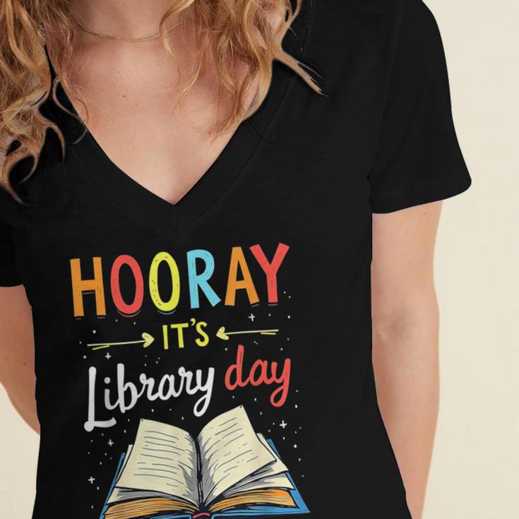 Reading Books Bibliophile Hooray It's Library Day Women's Jersey Short Sleeve Deep V-Neck Tshirt