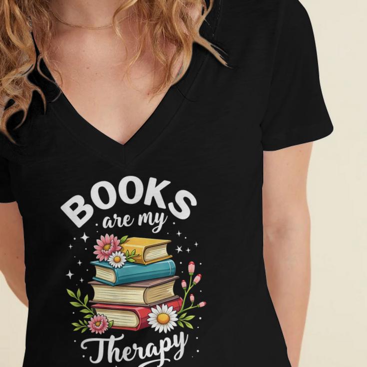 Reading Books Are My Therapy Women's Jersey Short Sleeve Deep V-Neck Tshirt Reading Books Are My Therapy Women's Jersey Short Sleeve Deep V-Neck Tshirt
