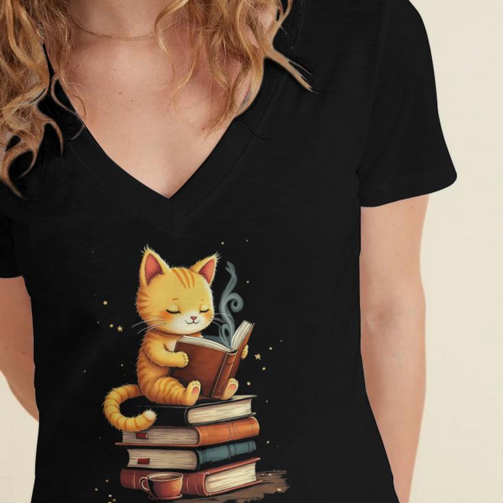 Reading Cat Books Cute Women's Jersey Short Sleeve Deep V-Neck Tshirt Reading Cat Books Cute Women's Jersey Short Sleeve Deep V-Neck Tshirt