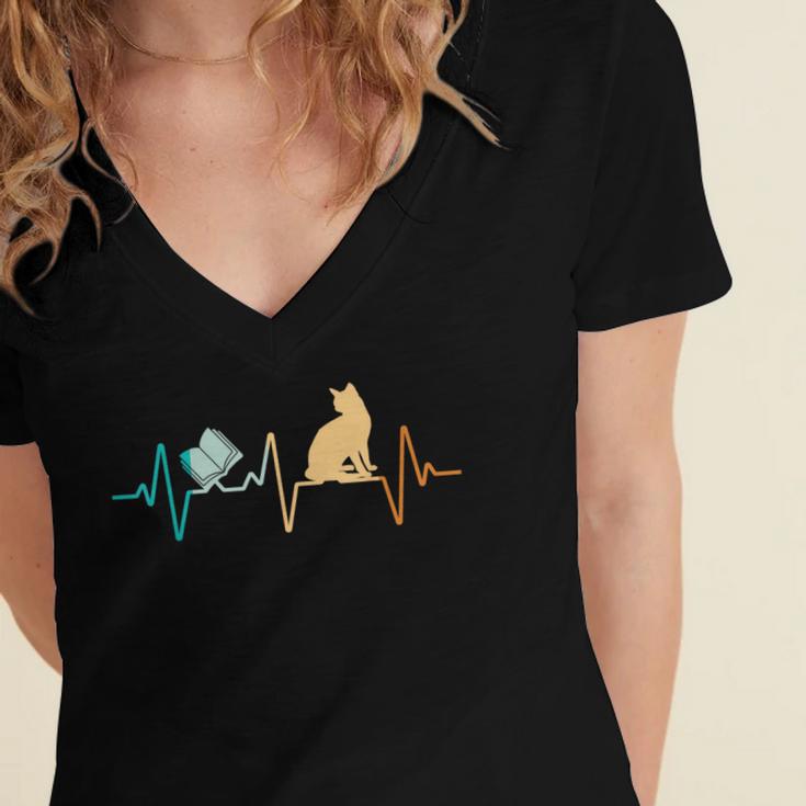 Reading Cat Heartbeat Book & Cat Lover Women's Jersey Short Sleeve Deep V-Neck Tshirt