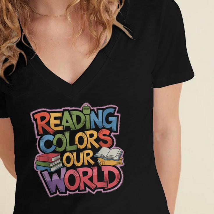 Reading Colors Our World Books Lover Women's Jersey Short Sleeve Deep V-Neck Tshirt