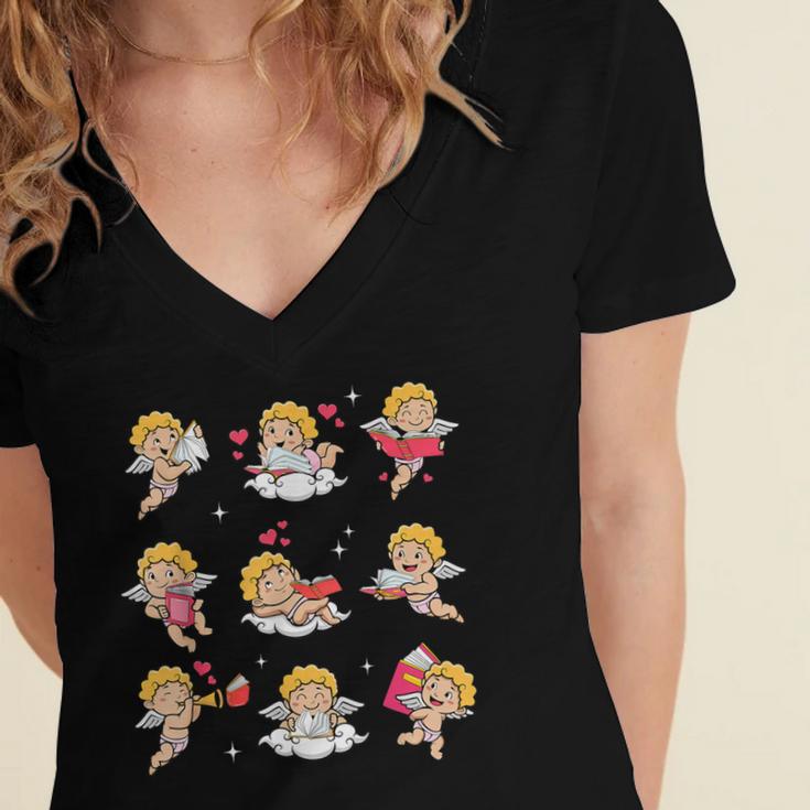 Reading Cupids Books Valentine's Day Teachers Book Lovers Women's Jersey Short Sleeve Deep V-Neck Tshirt