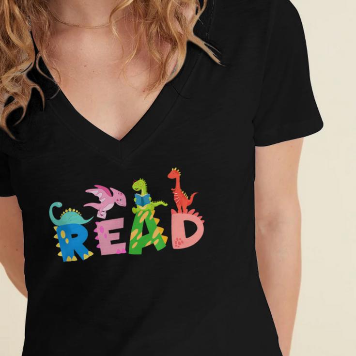 Reading DinosaurRex Dino Book Lover Women's Jersey Short Sleeve Deep V-Neck Tshirt