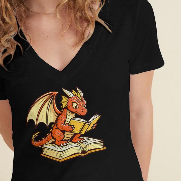 Reading Dragon Book Lover Bookworm Reader Women's Jersey Short Sleeve Deep V-Neck Tshirt
