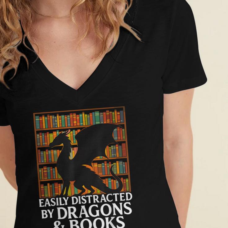 Reading Dragon Easily Distracted By Dragons And Books Women's Jersey Short Sleeve Deep V-Neck Tshirt Reading Dragon Easily Distracted By Dragons And Books Women's Jersey Short Sleeve Deep V-Neck Tshirt