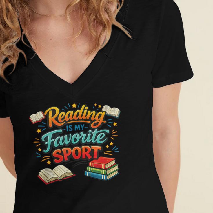 Reading Is My Favorite Sport Book Lover Women's Jersey Short Sleeve Deep V-Neck Tshirt