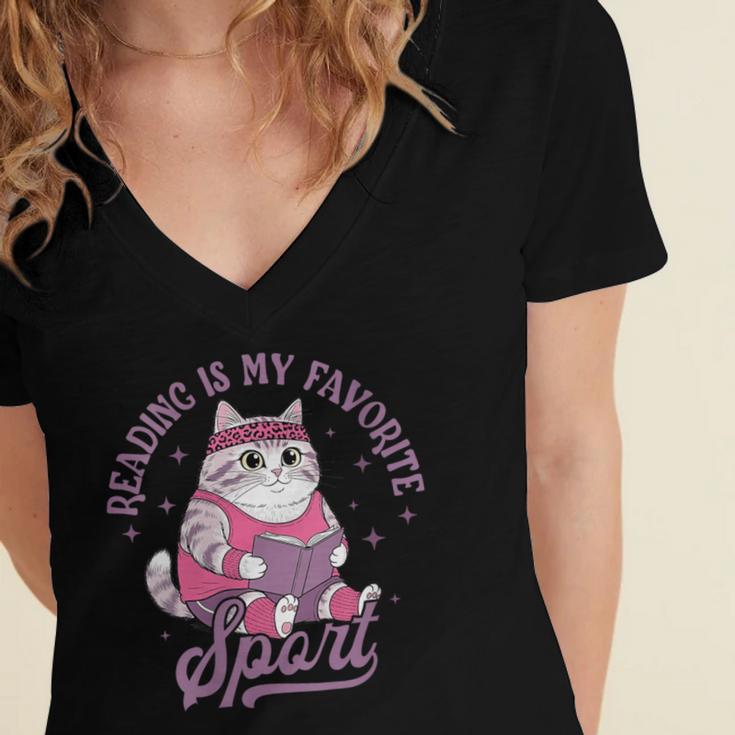 Reading Is My Favorite Sport Bookworm Cat Lover Book-Club Women's Jersey Short Sleeve Deep V-Neck Tshirt Reading Is My Favorite Sport Bookworm Cat Lover Book-Club Women's Jersey Short Sleeve Deep V-Neck Tshirt