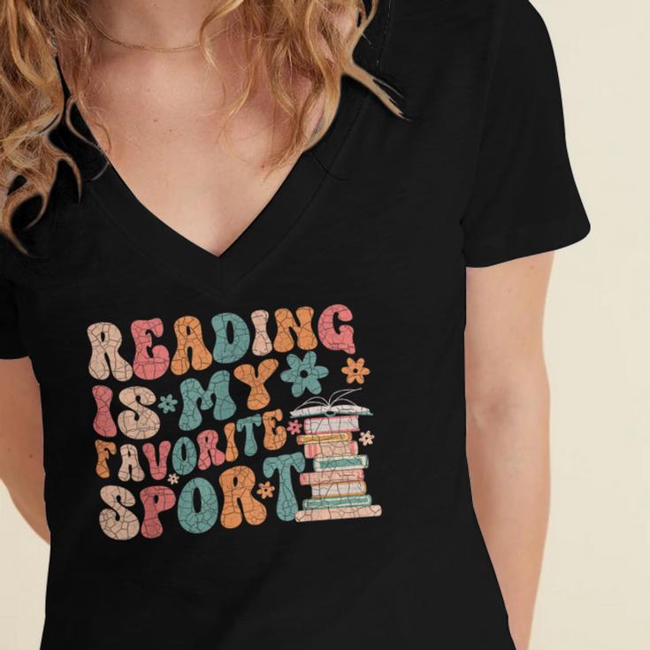 Reading Is My Favorite Sport Retro Groovy Book Lovers Women's Jersey Short Sleeve Deep V-Neck Tshirt Reading Is My Favorite Sport Retro Groovy Book Lovers Women's Jersey Short Sleeve Deep V-Neck Tshirt