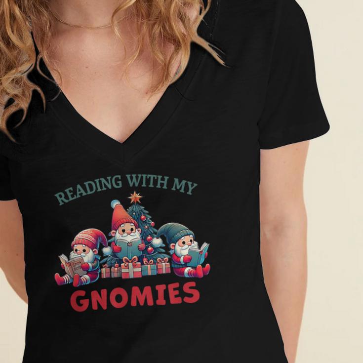 Reading With My Gnomies Reading Book Christmas Women's Jersey Short Sleeve Deep V-Neck Tshirt
