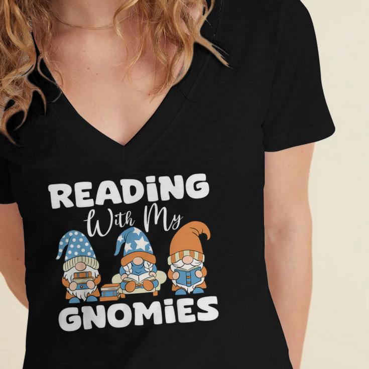 Reading With My Gnomies Gnomes Books Lover Bookworm Women's Jersey Short Sleeve Deep V-Neck Tshirt