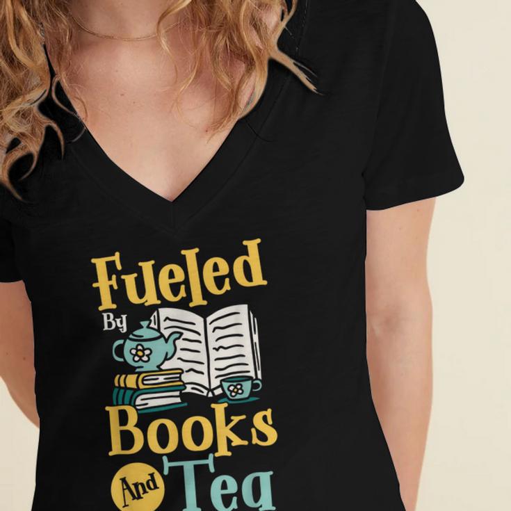 Reading Hobby Bookshelves Library Fueled By Books And Tea Women's Jersey Short Sleeve Deep V-Neck Tshirt