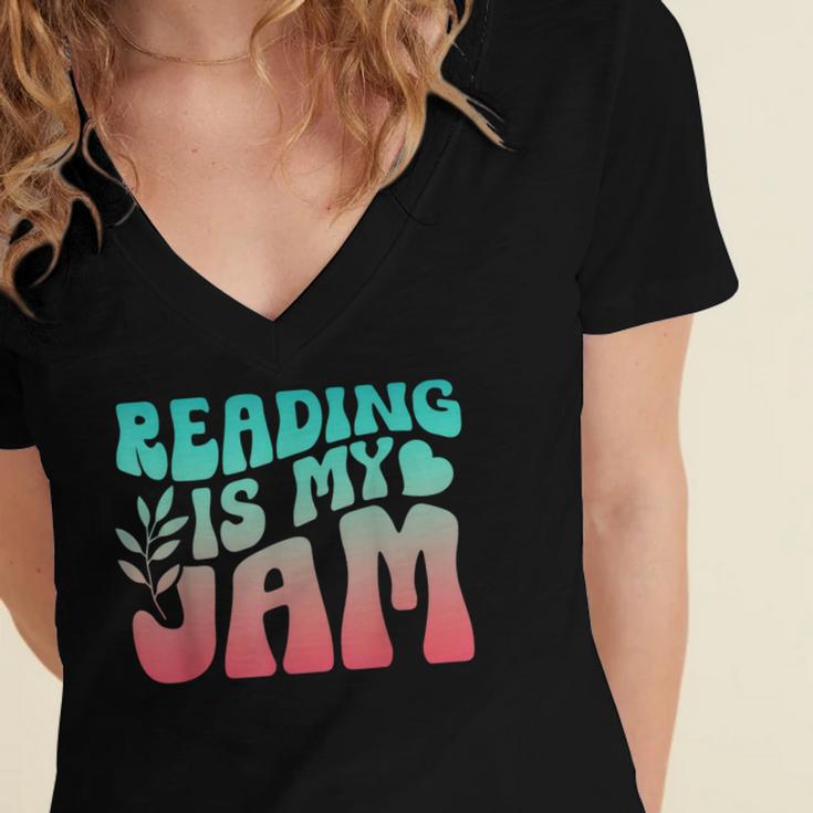 Reading Is My Jam Book Lover Bookworm Teacher Library Reader Women's Jersey Short Sleeve Deep V-Neck Tshirt