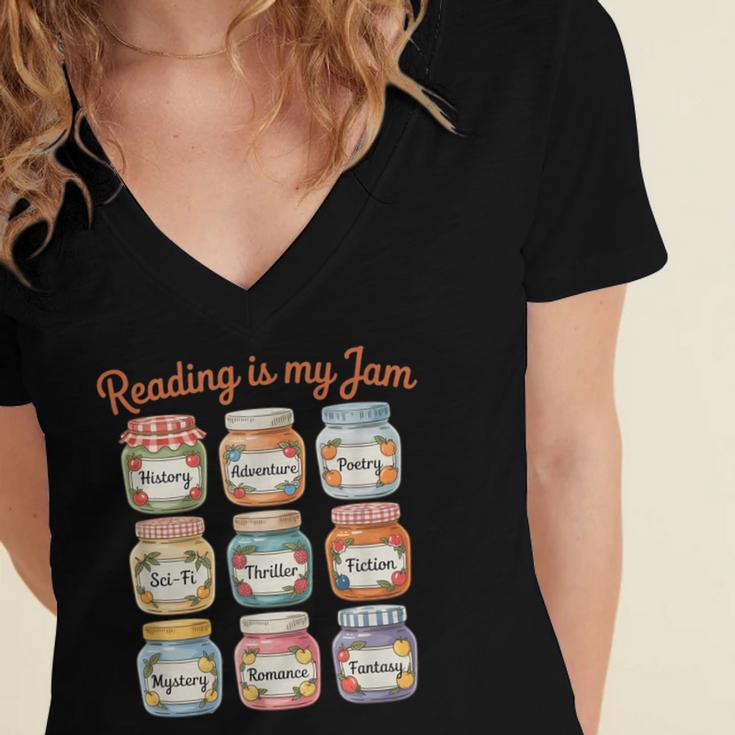 Reading Is My Jam Cute Jelly Jars Book Genres Women's Jersey Short Sleeve Deep V-Neck Tshirt