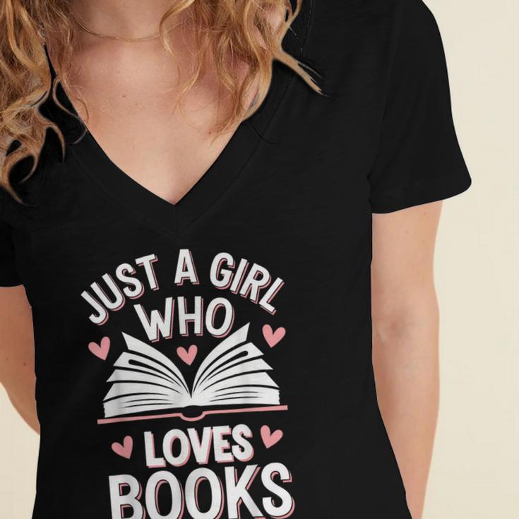 Reading Just A Girl Who Loves Books Women's Jersey Short Sleeve Deep V-Neck Tshirt Reading Just A Girl Who Loves Books Women's Jersey Short Sleeve Deep V-Neck Tshirt