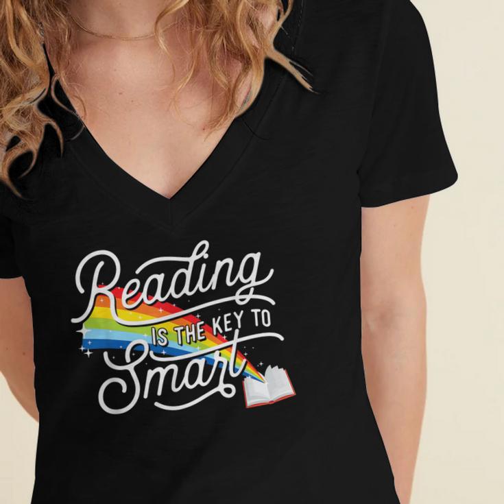 Reading Is The Key To Smart Book Lover Bookworm Reader Women's Jersey Short Sleeve Deep V-Neck Tshirt