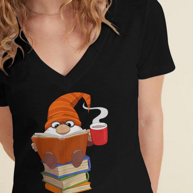 Reading Lover Book Graphic Gnome Women's Jersey Short Sleeve Deep V-Neck Tshirt