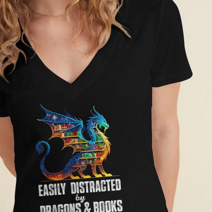 Reading Lover Easily Distracted By Dragons And Books Dragon Women's Jersey Short Sleeve Deep V-Neck Tshirt