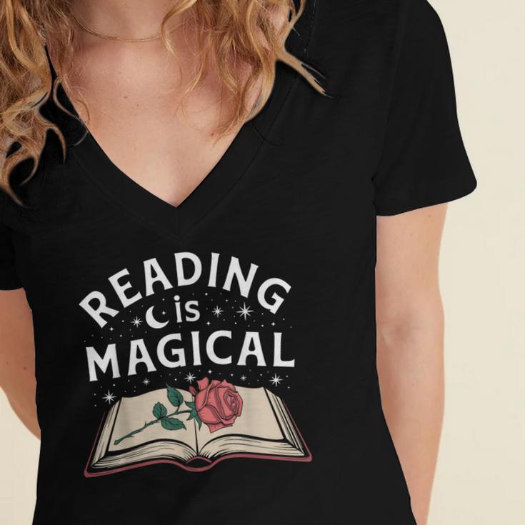 Reading Is Magical Book Lover Bookworm Librarian Library Day Women's Jersey Short Sleeve Deep V-Neck Tshirt