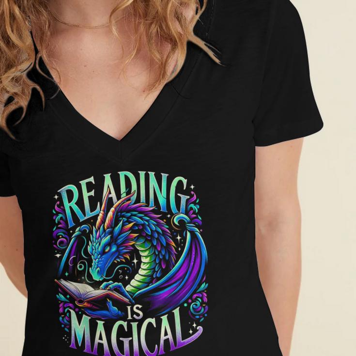 Reading Is Magical Dragon Tee Perfect For Book Lovers Kids Women's Jersey Short Sleeve Deep V-Neck Tshirt