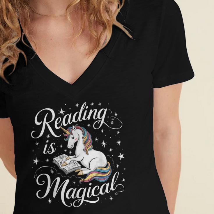Reading Is Magical Unicorn Book Lover Fantasy Kids Women's Jersey Short Sleeve Deep V-Neck Tshirt Reading Is Magical Unicorn Book Lover Fantasy Kids Women's Jersey Short Sleeve Deep V-Neck Tshirt