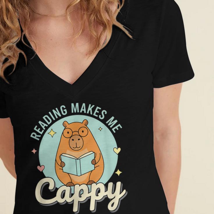 Reading Makes Me Cappy Bookworm Capybara Book Reading Women's Jersey Short Sleeve Deep V-Neck Tshirt