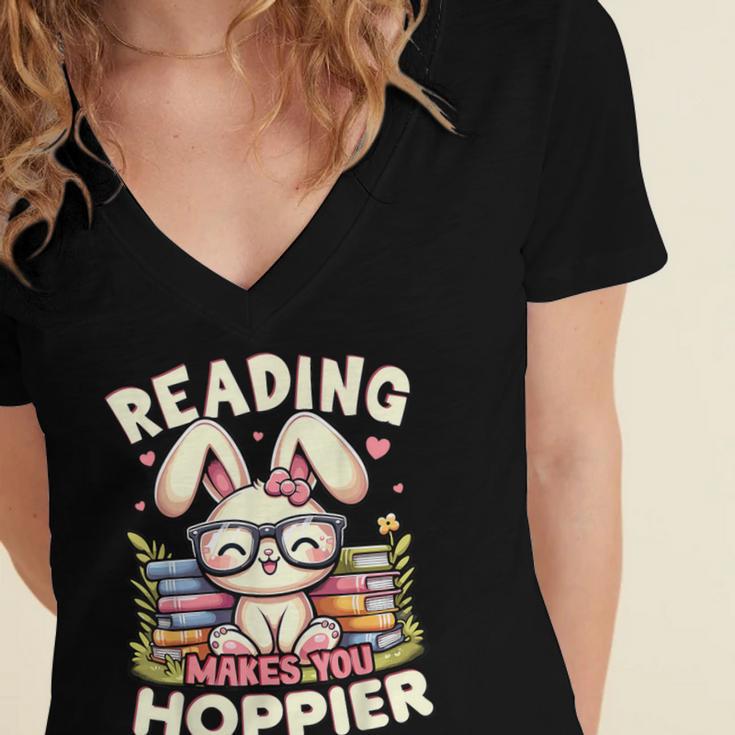 Reading Makes You Hoppier Bunny Book Fans Toddler Kid Women's Jersey Short Sleeve Deep V-Neck Tshirt