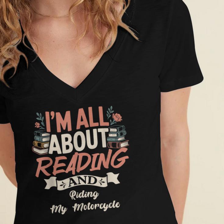 Reading And Motorcycle Life For Bikers Who Love Books Women's Jersey Short Sleeve Deep V-Neck Tshirt