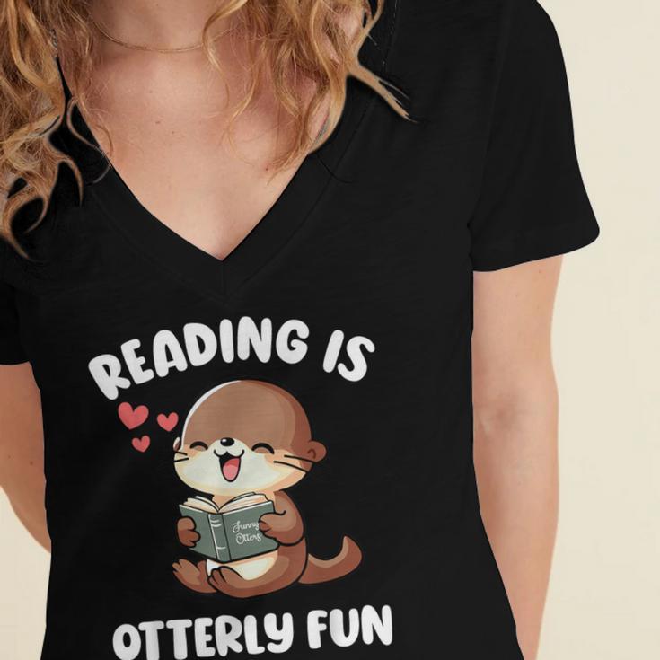Reading Is Otterly Fun Otter Bookworm Book Lover Librarian Women's Jersey Short Sleeve Deep V-Neck Tshirt