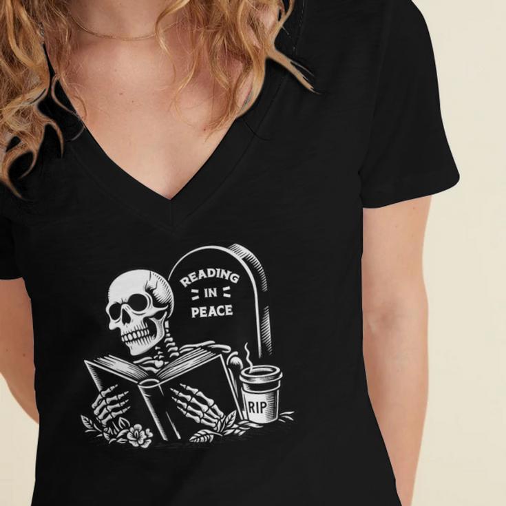 READING IN PEACE RIP Introvert Skeleton Read Book Meme Women's Jersey Short Sleeve Deep V-Neck Tshirt READING IN PEACE RIP Introvert Skeleton Read Book Meme Women's Jersey Short Sleeve Deep V-Neck Tshirt