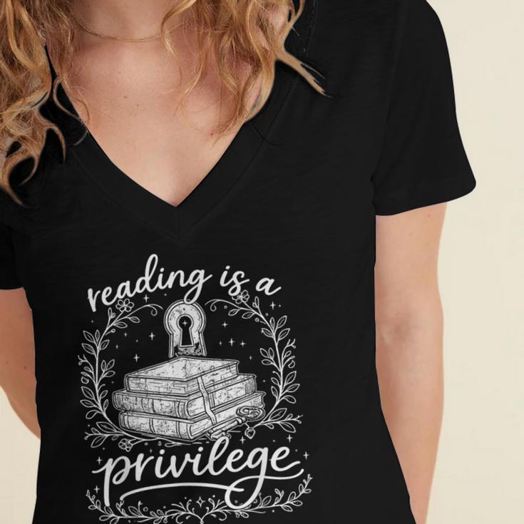 Reading Is A Privilege Vintage Reading Lover Books Women's Jersey Short Sleeve Deep V-Neck Tshirt