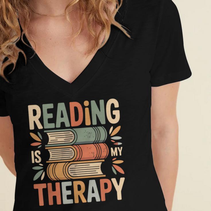 Reading Is My Therapy Book Lover Women's Jersey Short Sleeve Deep V-Neck Tshirt
