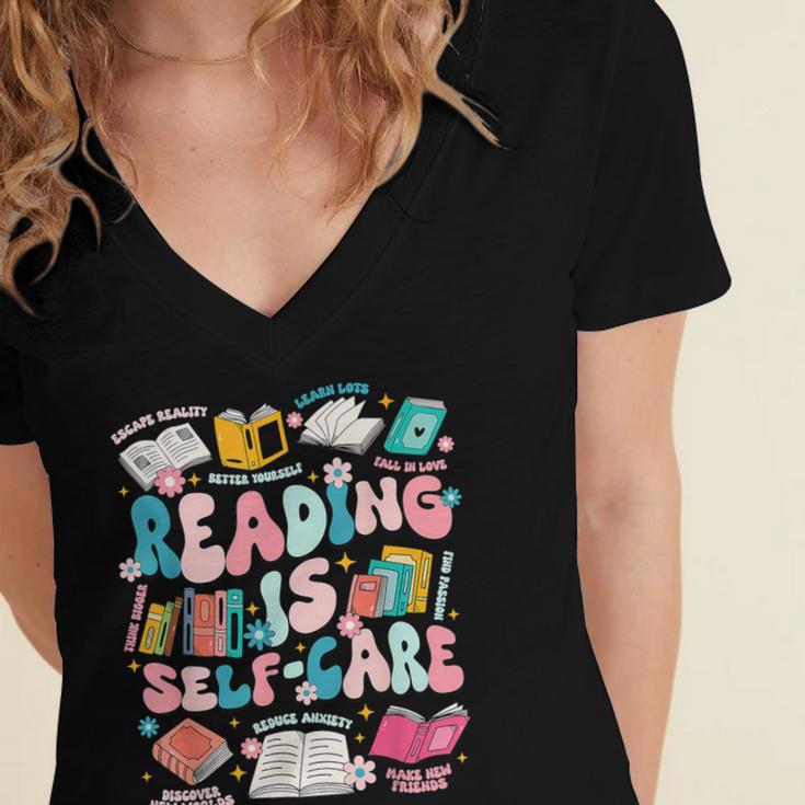Reading Is Self-Care Book Lover Teacher Student Men Women Women's Jersey Short Sleeve Deep V-Neck Tshirt