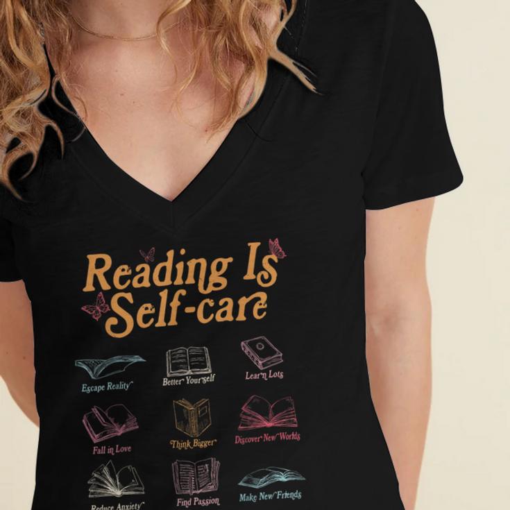 Reading Is Self Care Mental Health Read More Book Women's Jersey Short Sleeve Deep V-Neck Tshirt