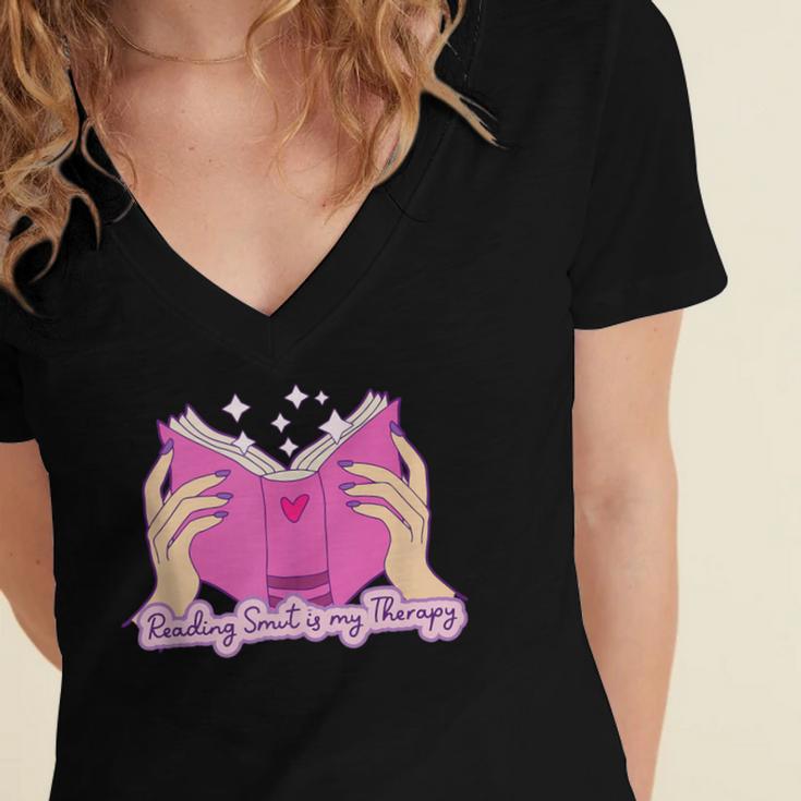 Reading Smut Is My Therapy Romance Book Reader Humor Women's Jersey Short Sleeve Deep V-Neck Tshirt
