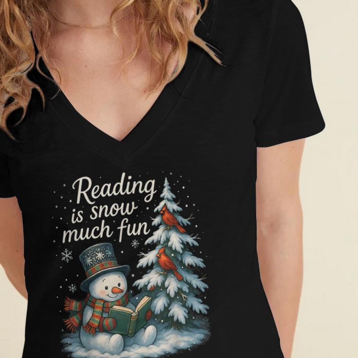 Reading Is Snow Much Fun Christmas Books Snowman Bookworm Women's Jersey Short Sleeve Deep V-Neck Tshirt