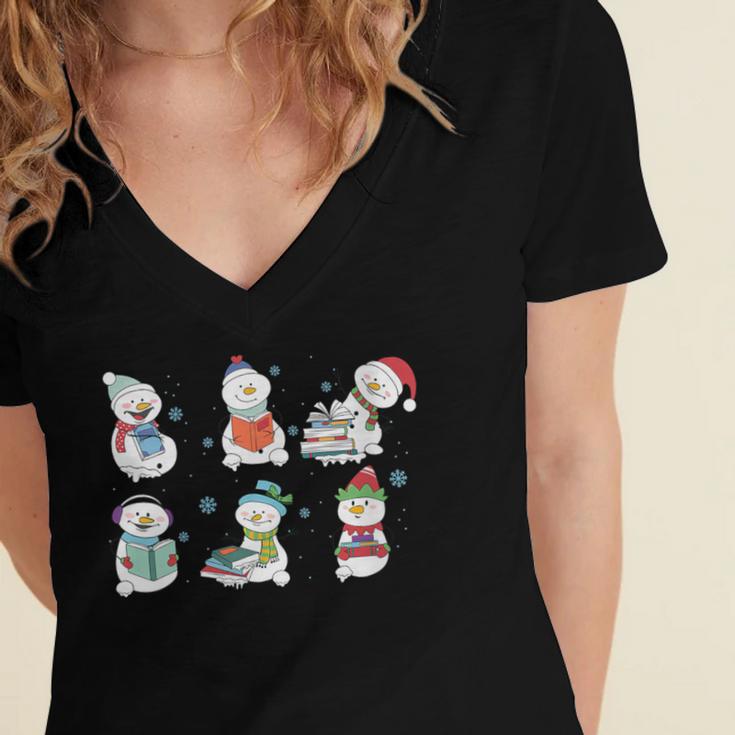 Reading Snowman Christmas Book Lovers Bookworm Librarian Women's Jersey Short Sleeve Deep V-Neck Tshirt