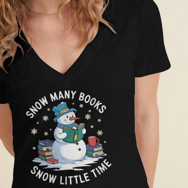 Reading Snowman So Many Books Christmas Books Readers Women's Jersey Short Sleeve Deep V-Neck Tshirt