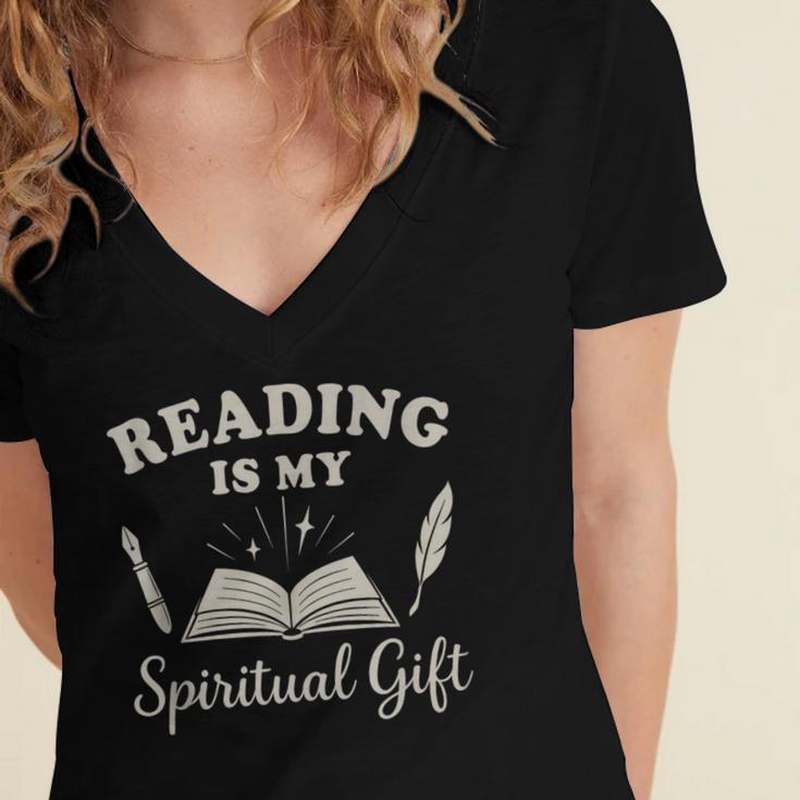 Reading Is My Spiritual Present Book Lover Reader Women's Jersey Short Sleeve Deep V-Neck Tshirt