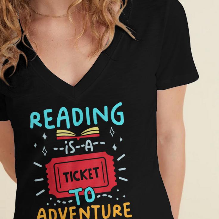 Reading Is A Ticket To Adventure Fun Book Lovers Fun Women's Jersey Short Sleeve Deep V-Neck Tshirt Reading Is A Ticket To Adventure Fun Book Lovers Fun Women's Jersey Short Sleeve Deep V-Neck Tshirt