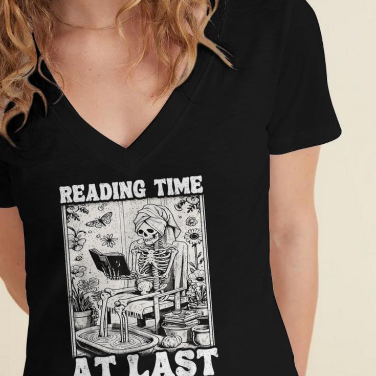 Reading Time At Last Book Lover Introvert Skeleton Reading Women's Jersey Short Sleeve Deep V-Neck Tshirt Reading Time At Last Book Lover Introvert Skeleton Reading Women's Jersey Short Sleeve Deep V-Neck Tshirt