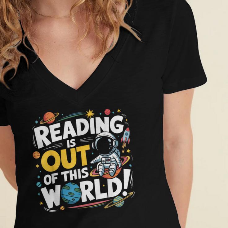 Reading Is Out Of This World Space Book Lover Kids Women's Jersey Short Sleeve Deep V-Neck Tshirt