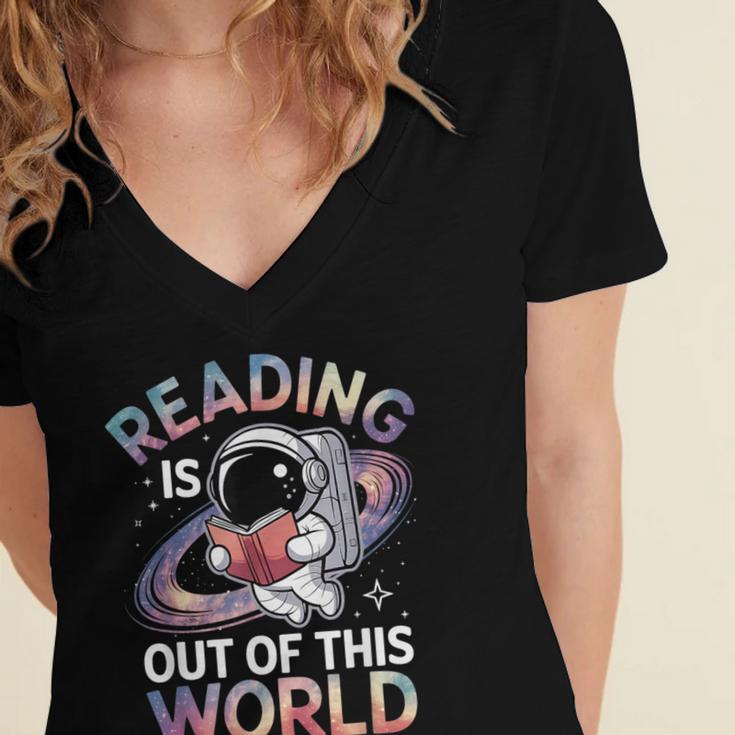 Reading Is Out Of This World Space Book Lover Women's Jersey Short Sleeve Deep V-Neck Tshirt