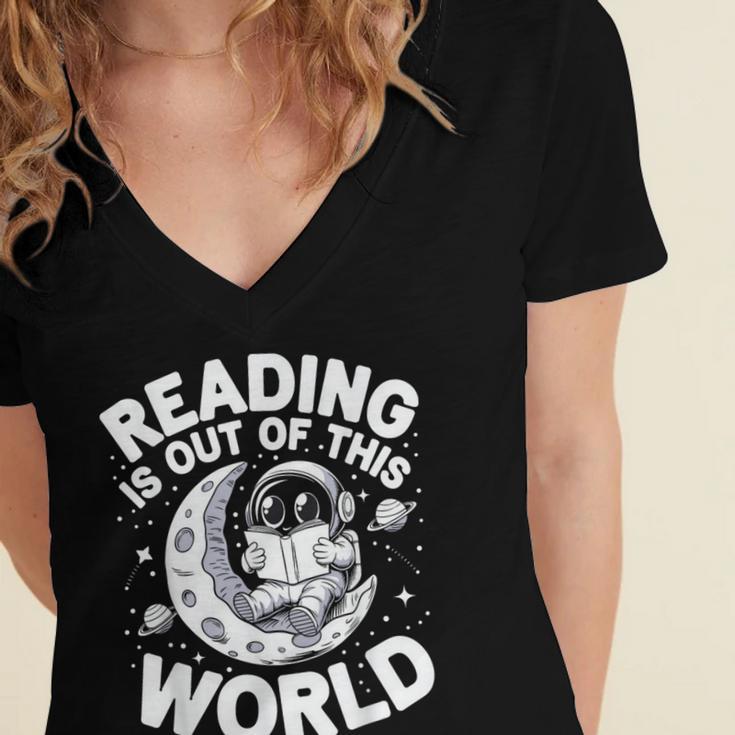 Reading Is Out Of This World Space Books Lover Women's Jersey Short Sleeve Deep V-Neck Tshirt
