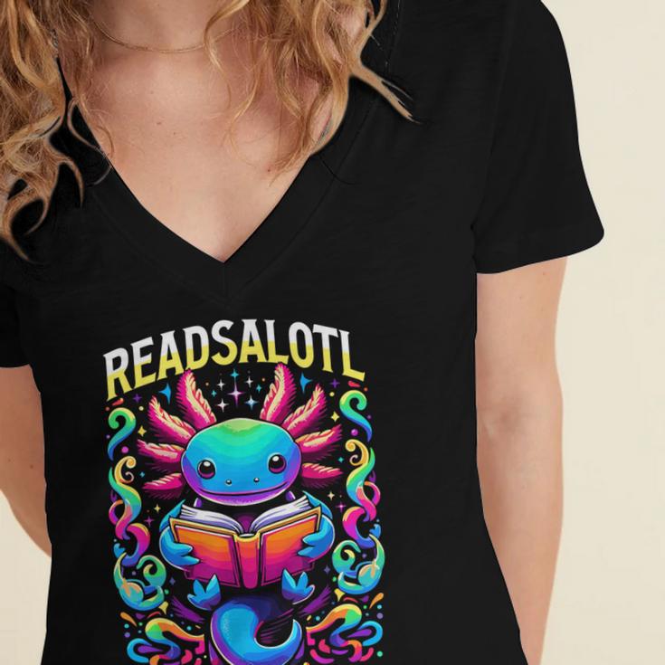 Readsalotl Axolotl Book Lovers Axolotls Women's Jersey Short Sleeve Deep V-Neck Tshirt