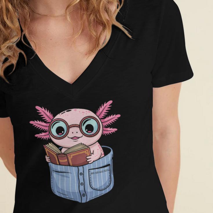Readsalotl Axolotl Reading Book Lover Reading Pocket Axolotl Women's Jersey Short Sleeve Deep V-Neck Tshirt