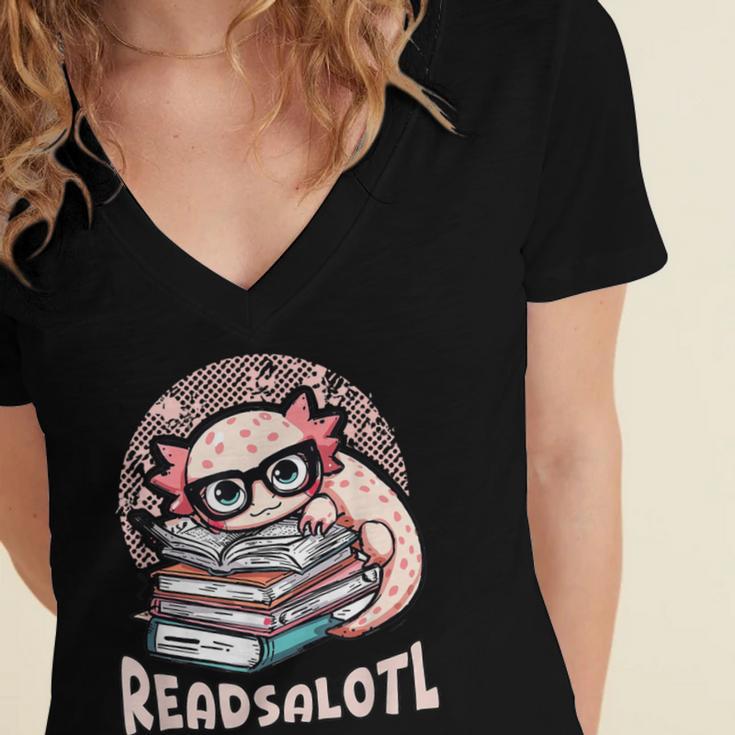 Readsalotl Axolotl Reading Books Glasses Bookworm Pun Fun Women's Jersey Short Sleeve Deep V-Neck Tshirt Readsalotl Axolotl Reading Books Glasses Bookworm Pun Fun Women's Jersey Short Sleeve Deep V-Neck Tshirt