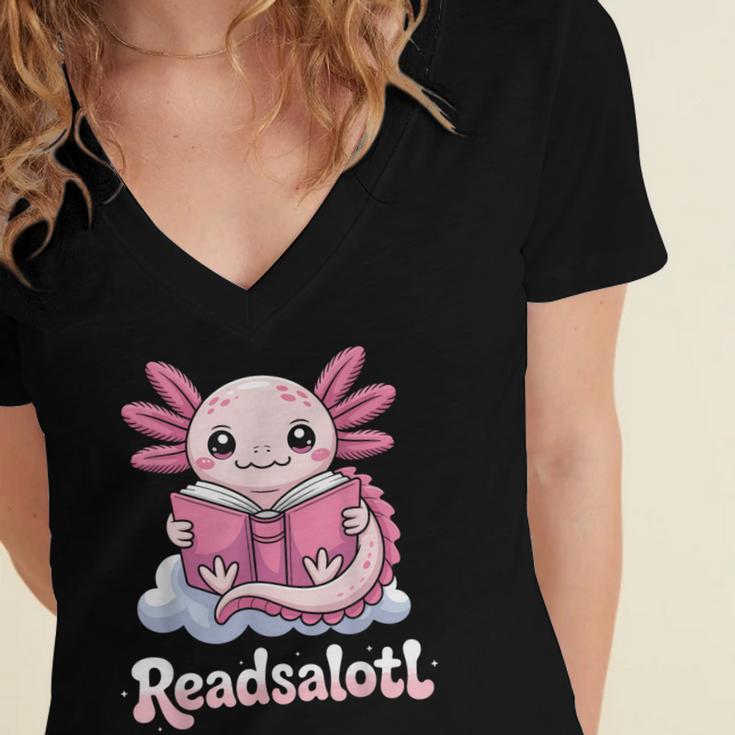 Readsalotl Axolotl Reading Cute Book Lover Bookworm Women's Jersey Short Sleeve Deep V-Neck Tshirt
