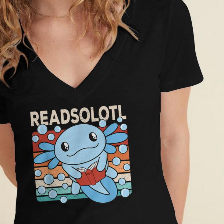 Readsolotl Blue Kawaii Axolotl Book Lover Reading Retro Women's Jersey Short Sleeve Deep V-Neck Tshirt